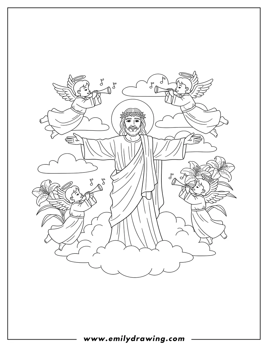 Free to print drawing of holy Jesus with outstretched arms, surrounded by angels on clouds blowing trumpets for Easter