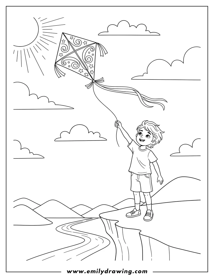 Vector style outline of hopeful Boy looking over a cliff with a kite flying above him