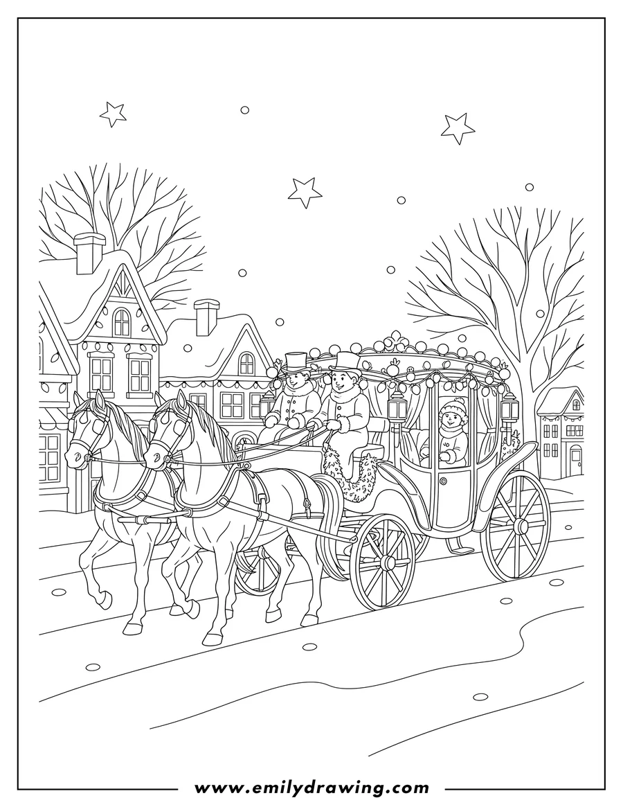 Full page coloring image of A horse-drawn carriage with two people in a winter street scene, decorated with Christmas lights and garlands