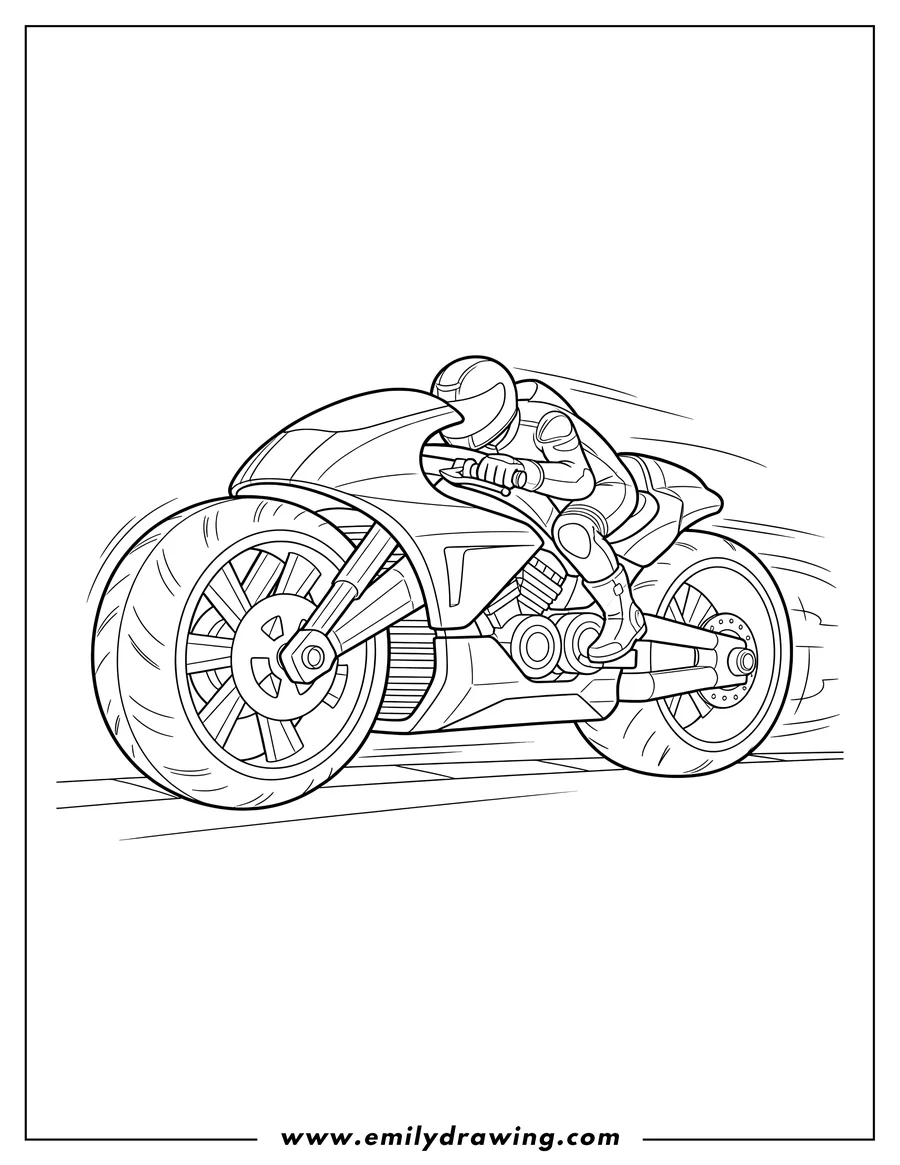 Printable coloring page of A detailed Hot Wheels motorcycle with large stylized wheels, in motion