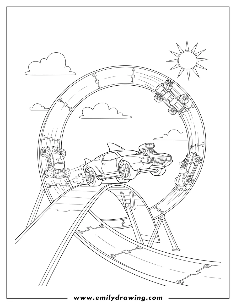 Vector style outline of hot Wheels Unleashed cars racing and jumping on a loop track