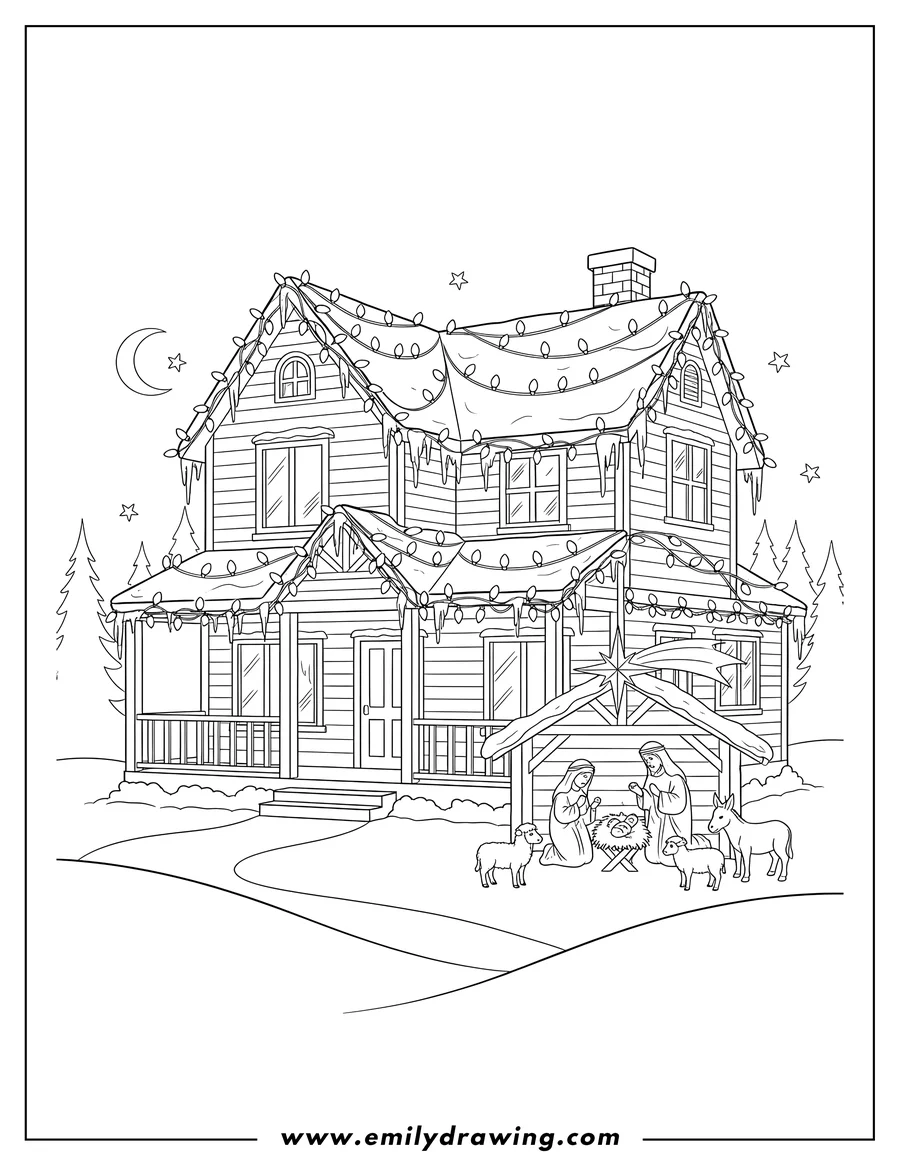 High quality printable detailed House Full Christmas Lights, with snow and icicles, and a nativity scene To Color Scaled for coloring