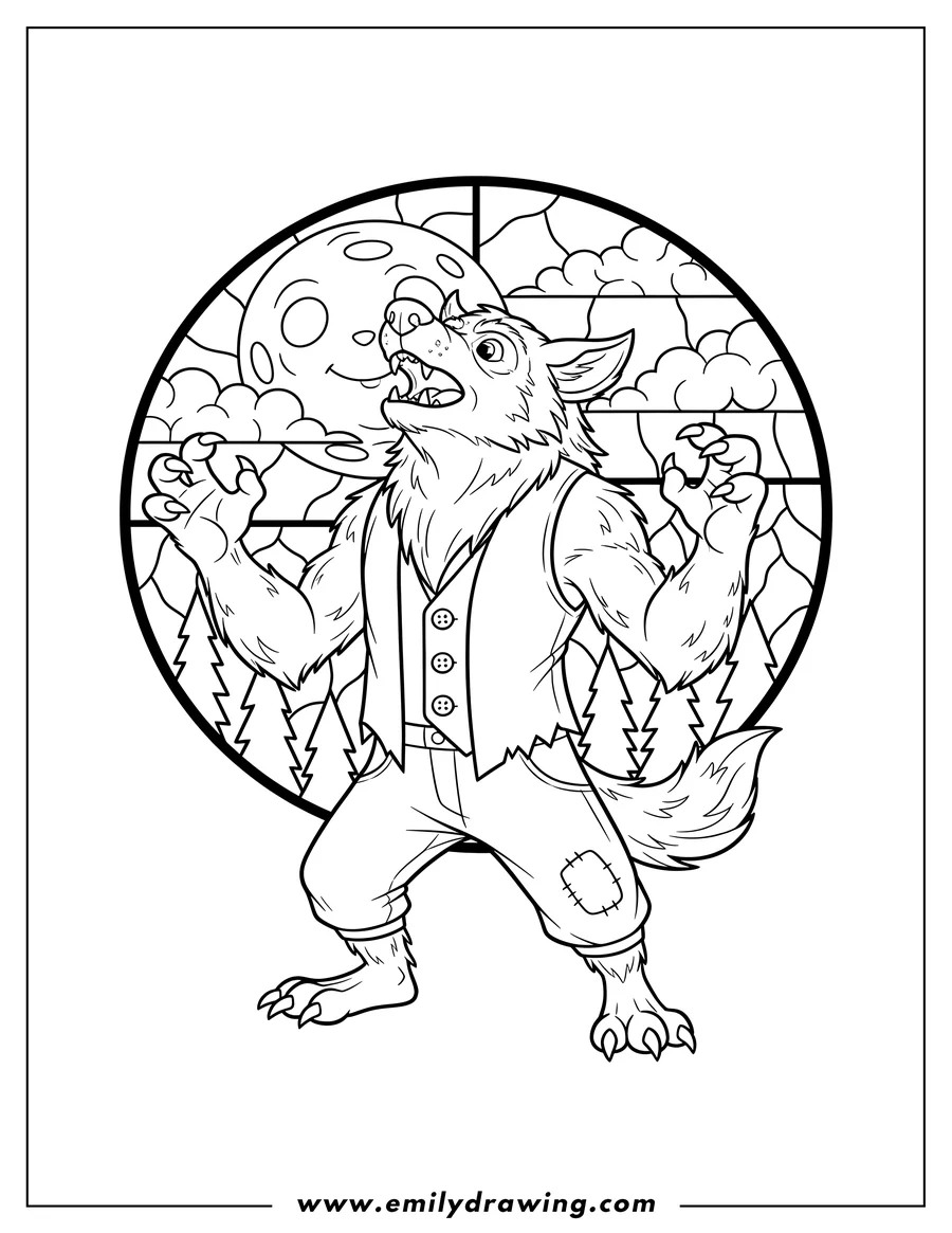 Coloring page for kids: howling Werewolf standing upright with raised claws, Woods Stained Glass With Full Moon And Clouds Background