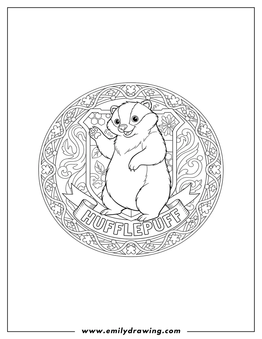 Simple sketch of detailed Hufflepuff Insignia with a badger standing on its hind legs and 'HUFFLEPUFF' text to color