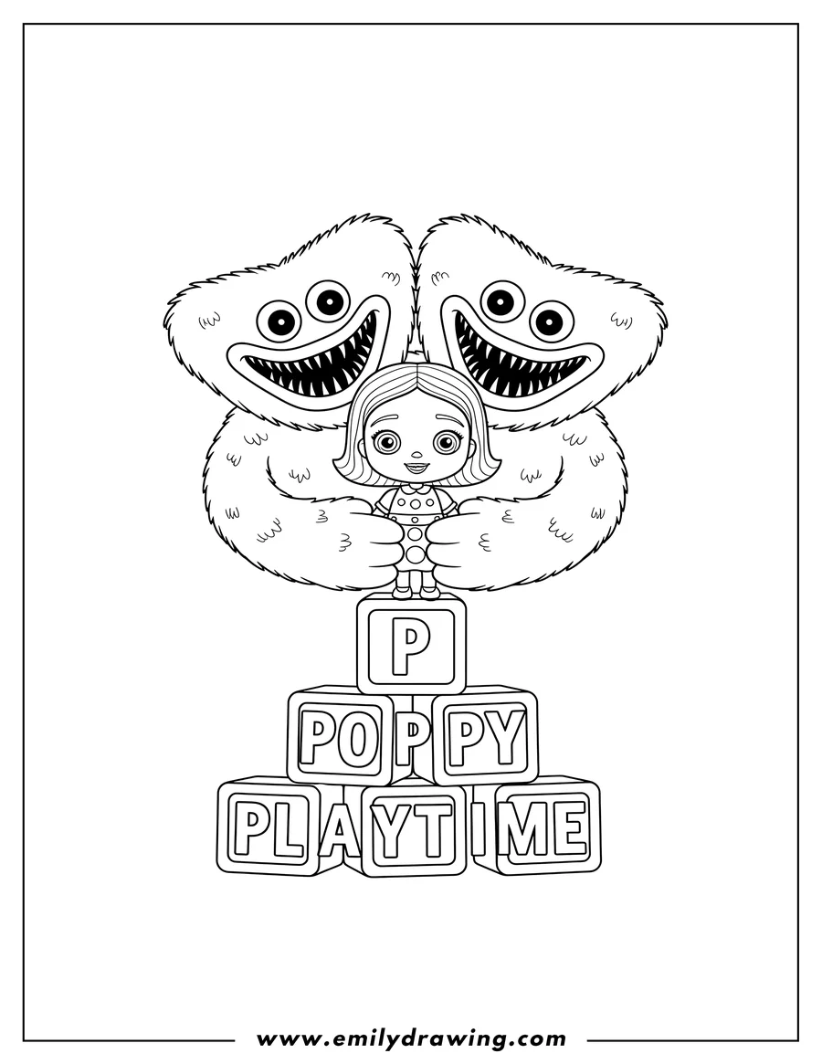 Coloring page for kids: huggy Wuggies with Poppy doll on stacked 'POPPY' blocks and 'PLAYTIME' blocks