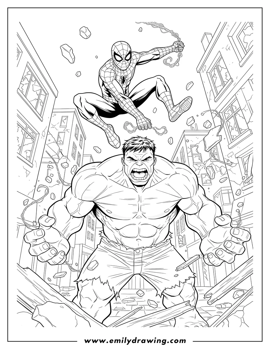 PDF style coloring page: hulk roaring and Spider-Man swinging amidst flying debris