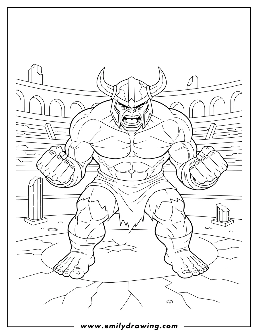 PDF style coloring page: hulk With Helmet Fighting Stadium, angry and with clenched fists