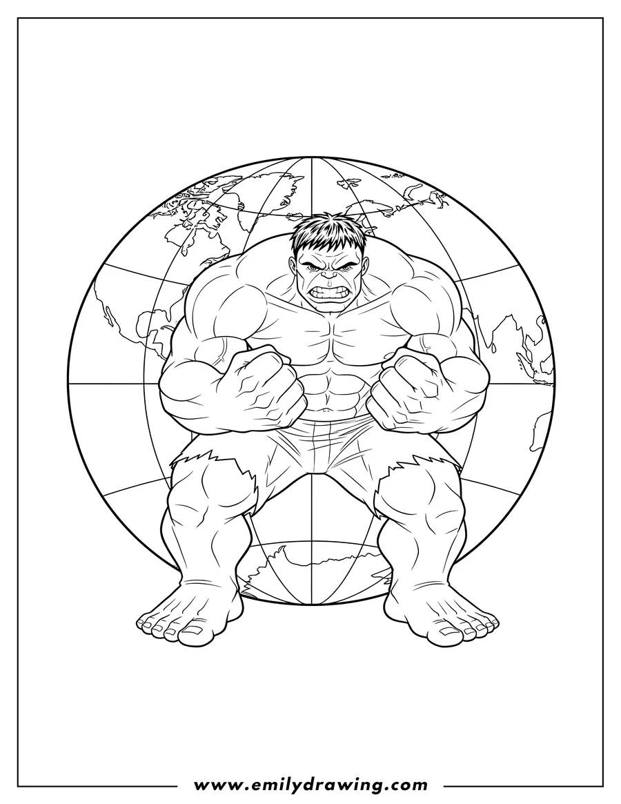 Printable coloring page of detailed, angry, crouching Hulk with clenched fists, with a scaled world background