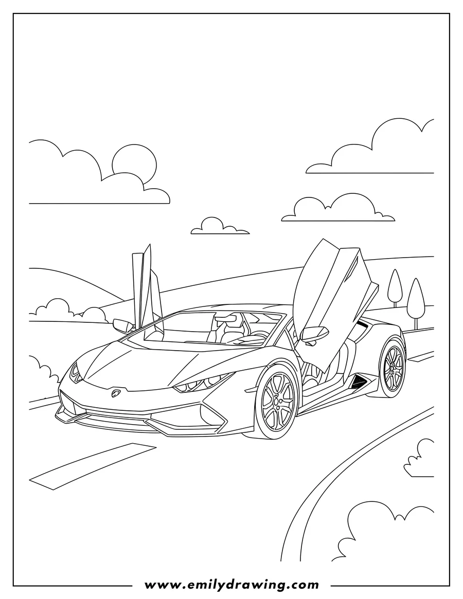 Printable coloring page of lamborghini Huracan with open scissor doors on a road