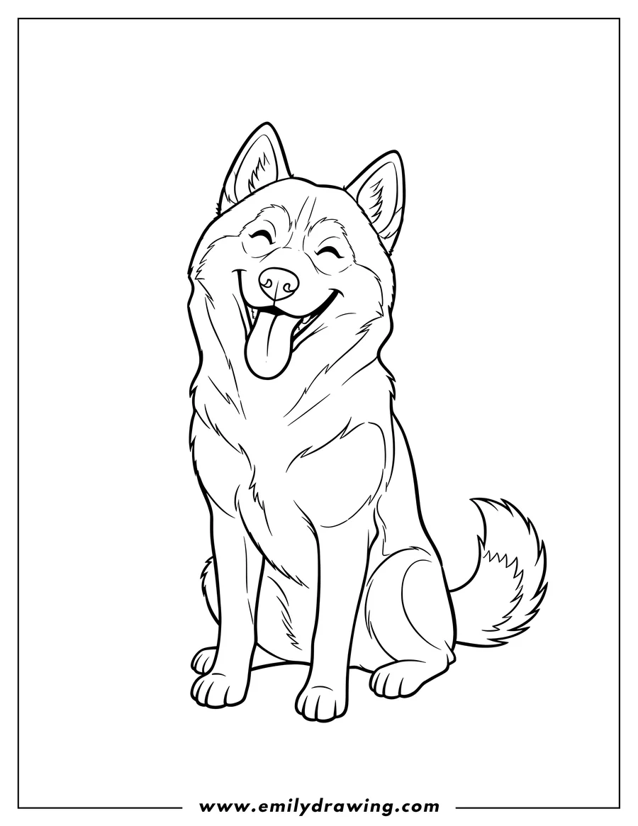 Linear illustration of detailed Husky Dog sitting and smiling with its tongue out to color