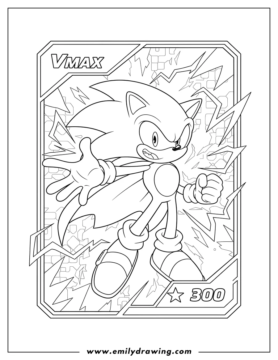 Clean line drawing: detailed Hyper Sonic VMAX playing card featuring Hyper Sonic with a wide smile and outstretched arm