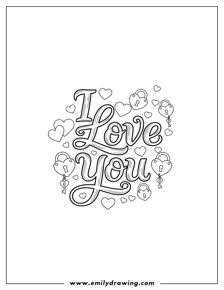Coloring page of I Love You Calligraphy To Color, surrounded by hearts and heart-shaped locks