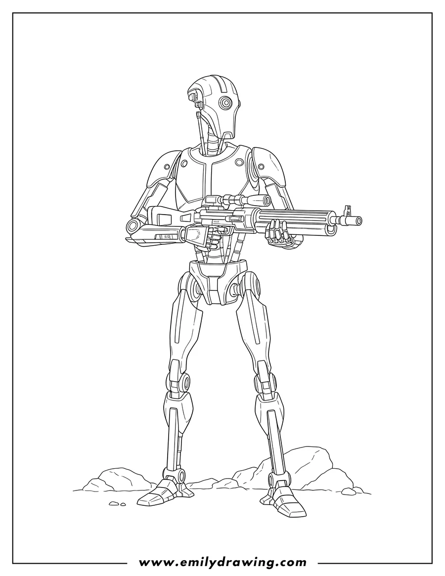 PDF style coloring page: detailed Ig 11 standing, holding a rifle with both hands
