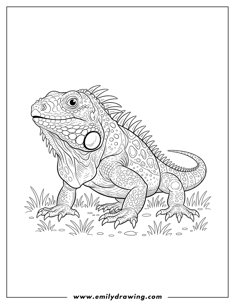 Printable line art of detailed iguana with spiky back and textured skin walking on grass