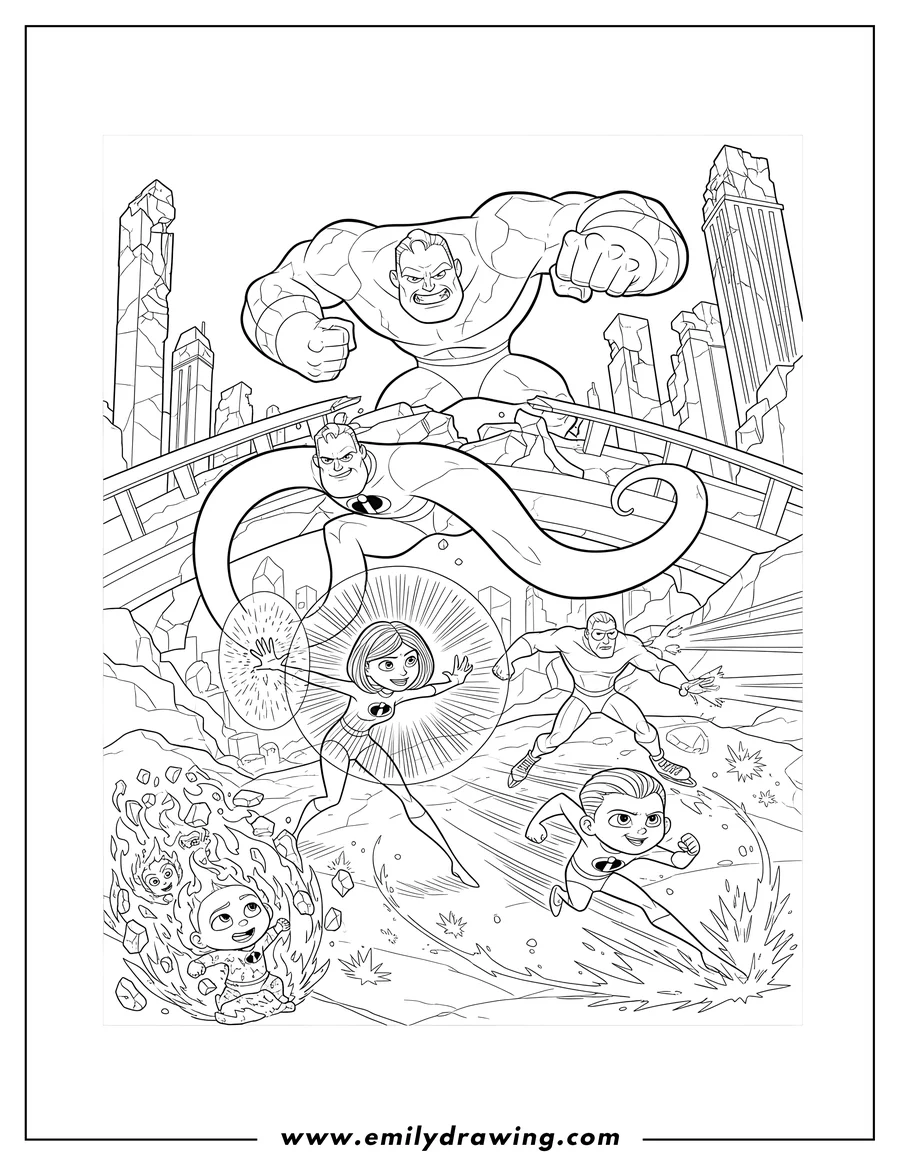 Full page coloring image of incredibles Elastigirl, Violet, Dash, Jack Jack, Mr. Incredible, and Frozone fighting a villain, with Elastigirl stretching, Violet creating a force field, and Frozone ice-skating