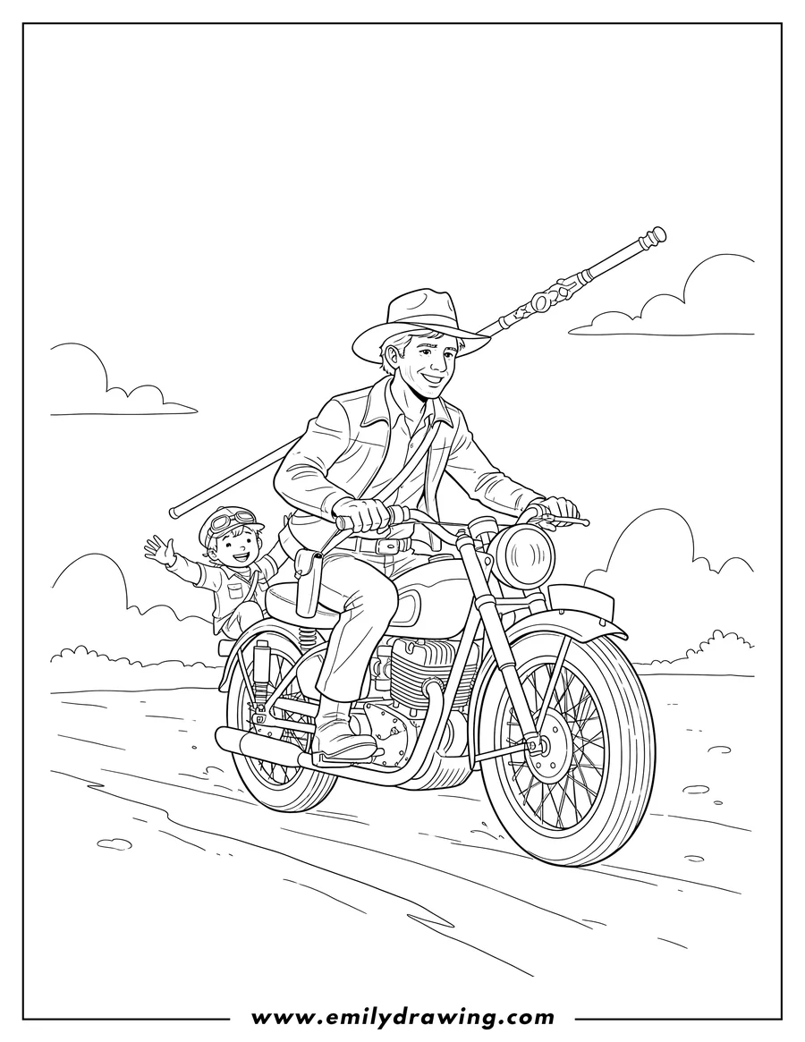 High quality printable indiana Jones On Motorcycle With Sidecar, with a passenger, and the driver holding a staff for coloring