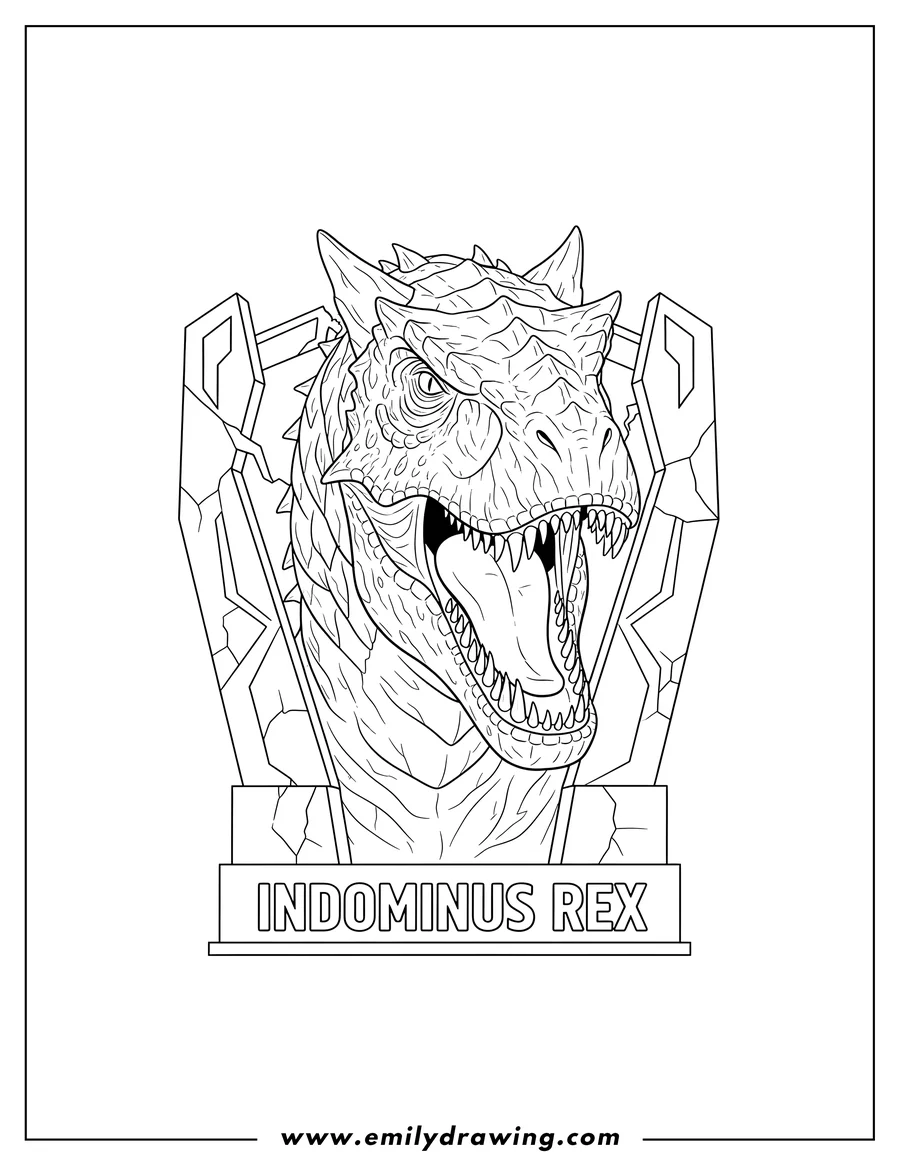 High quality printable indominus Rex head with fierce expression and spiky skin, emerging from a stylized gate display with 'INDOMINUS REX' on the base for coloring