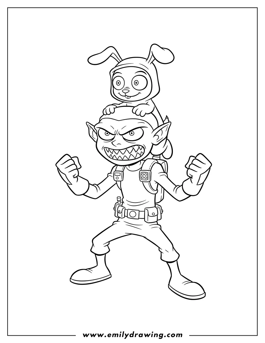 Printable line art of detailed Invader Zim and GIR, Zim looking fierce