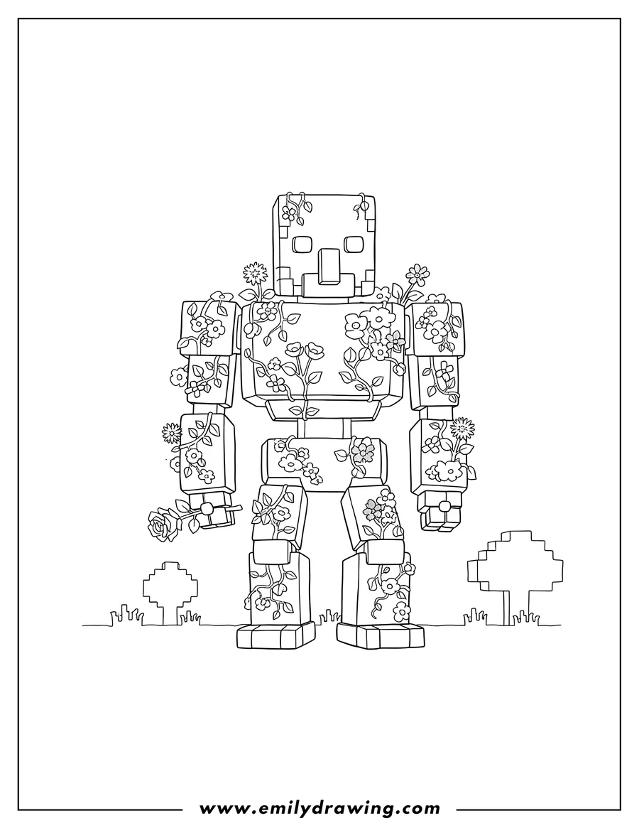 Black and white line art of iron Golem Minecraft Movie, standing with vines and flowers on its body
