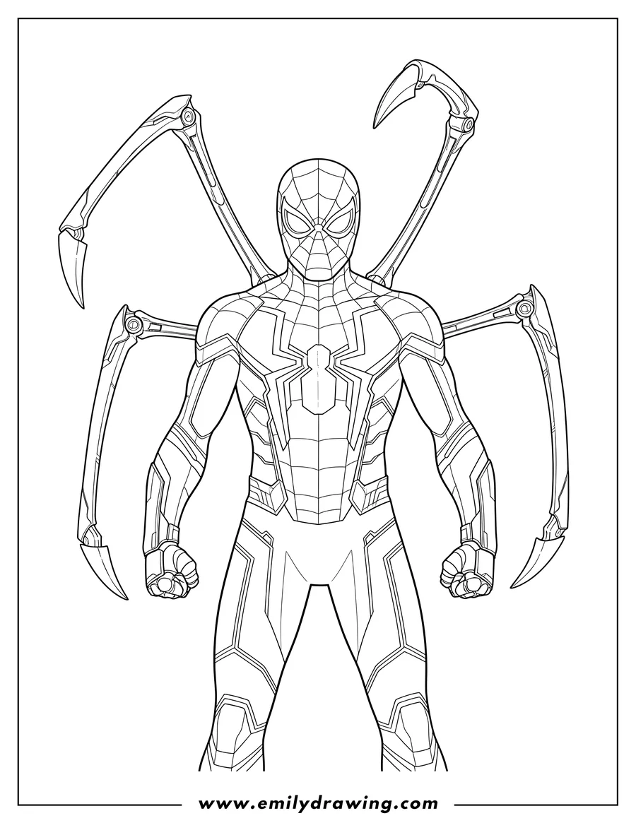 Coloring sheet featuring detailed Iron Spider Man Suit standing forward with clenched fists