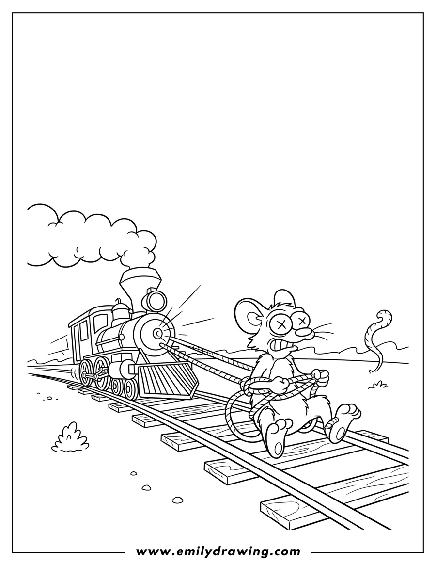 Doodle style coloring picture of itchy and Scratchy cartoon: Itchy tying Scratchy to railroad tracks