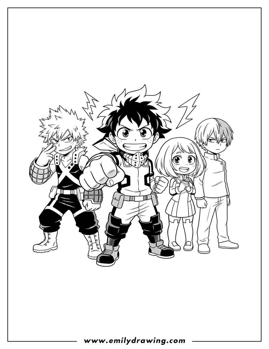 Vector style outline of izuku Katsuki Shouto And Ochako, with Izuku in the center extending his fist, Ochako smiling, and Shouto and Katsuki alongside