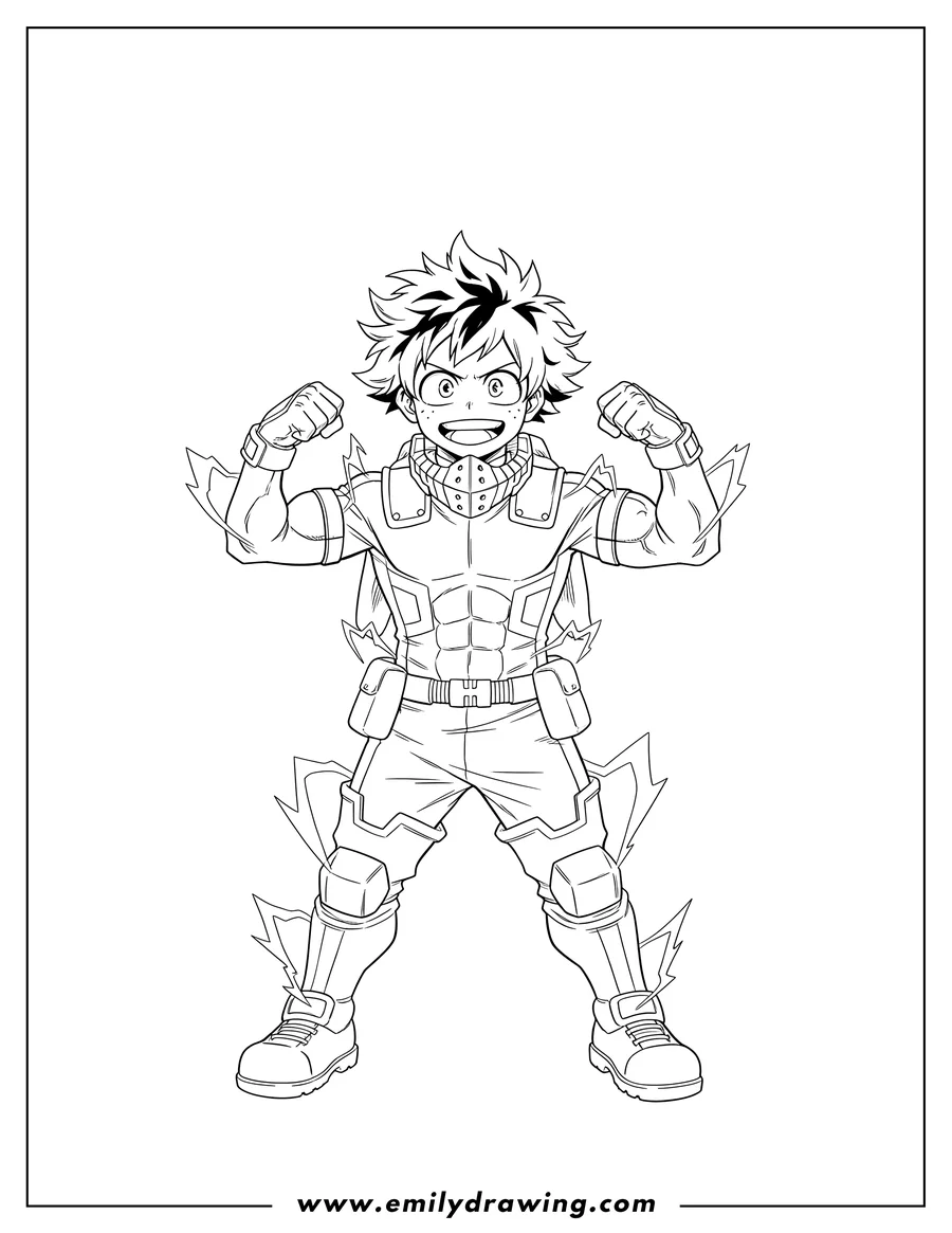 Clean line drawing: detaled Izuku Midoriya in hero costume, flexing and smiling excitedly