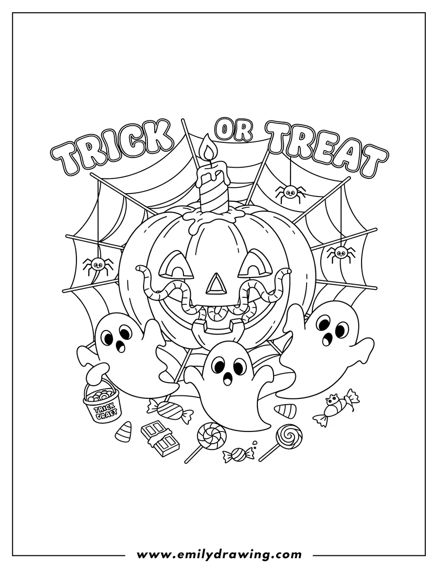 Downloadable coloring page of jack O Lantern With Worms Candle And Spiders Web, with TRICK or TREAT text, three ghosts, and Halloween candy