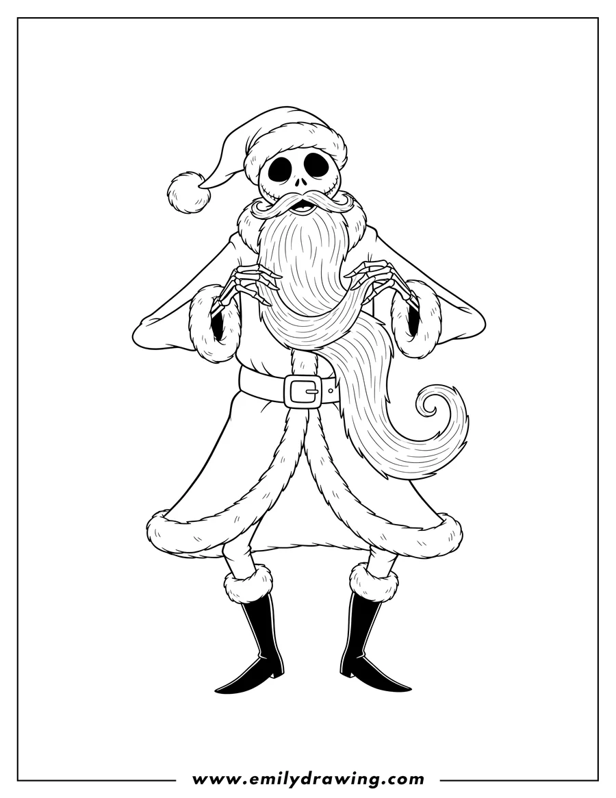 Coloring page of jack Skellington in a Santa costume, holding his long beard