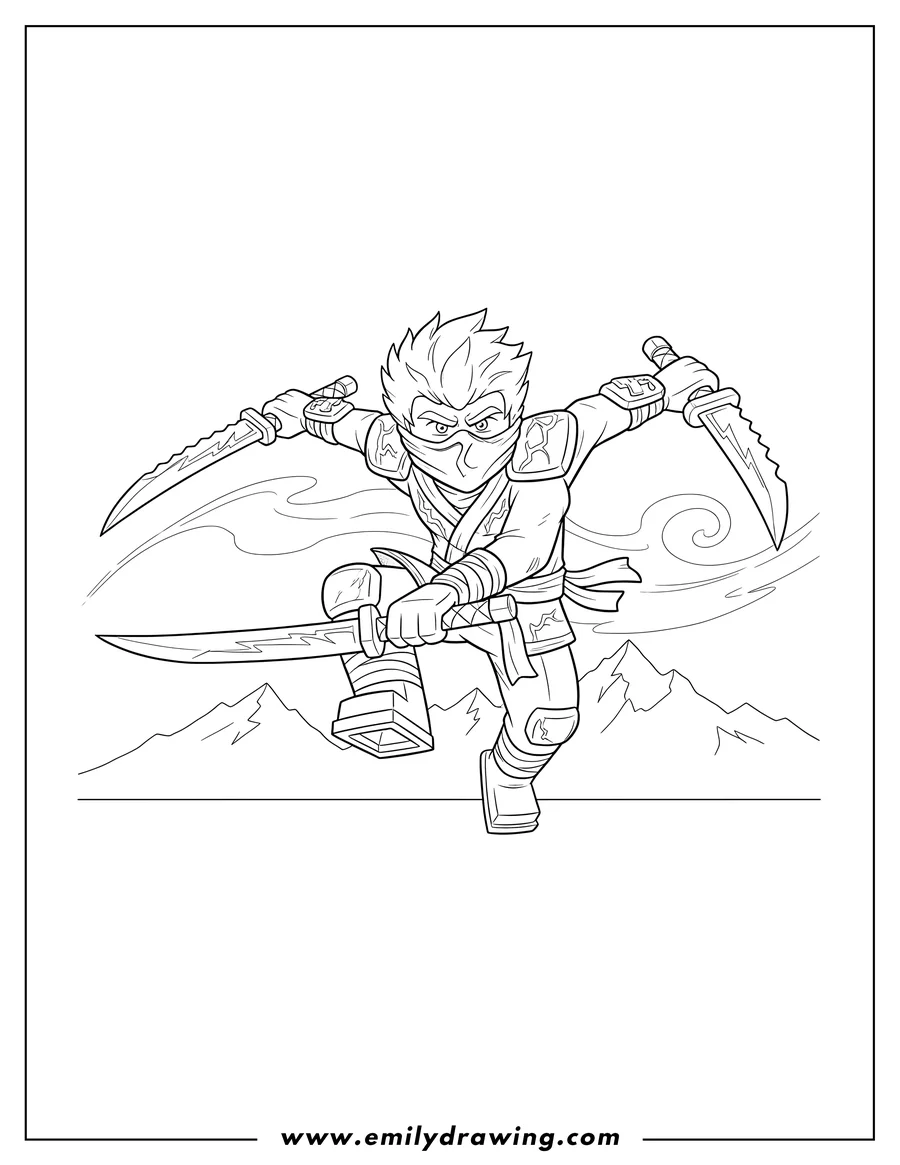 Printable line art of detailed Jay Walker in an action pose, holding two bladed ninja weapons