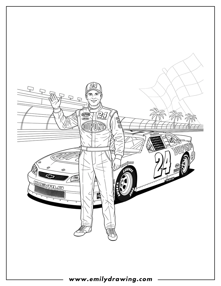 Doodle style coloring picture of jeff Gordon in his racing suit and cap with his #24 Dupont Chevy Camaro NASCAR 2000 race car poster