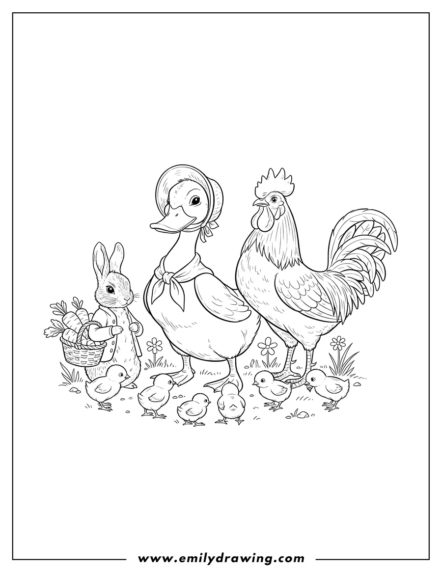 Free printable coloring sheet of jemima Puddle Duck, Peter Rabbit carrying a basket, and Jw Rooster II surrounded by chicks