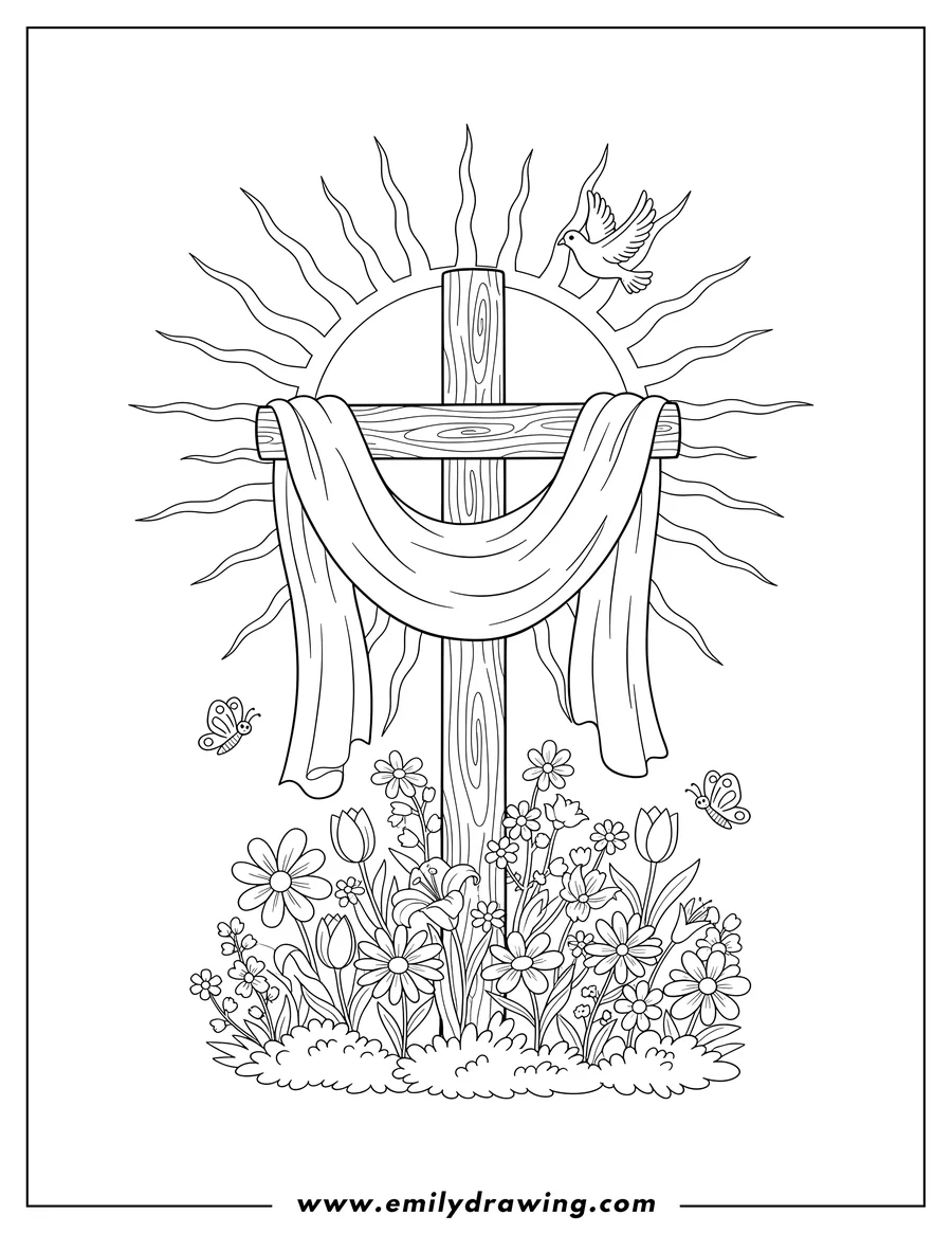 Printable line art of jesus Easter Cross with draped cloth, radiant sun, and flowers