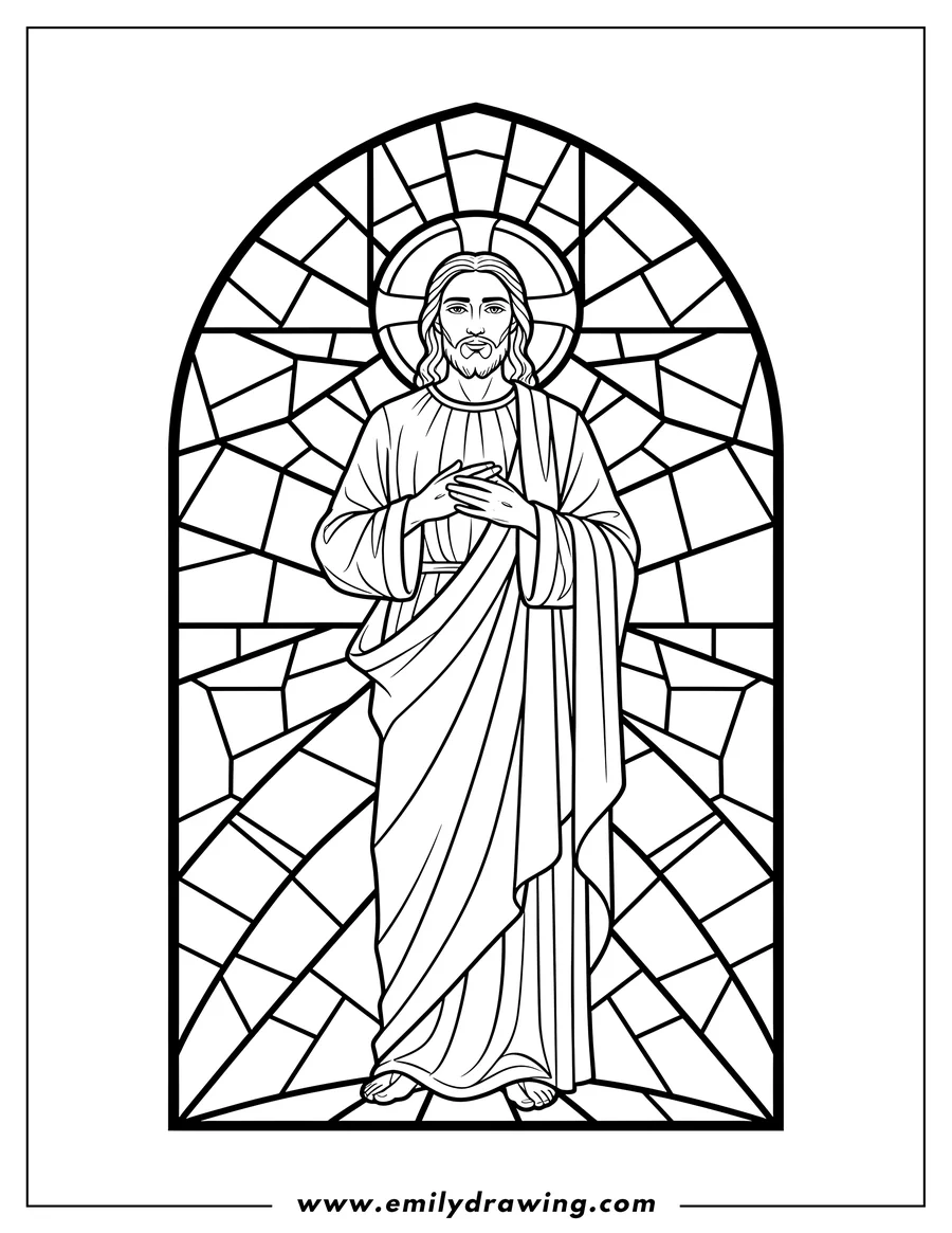 Black and white line art of detailed Jesus Stained Glass with clasped hands