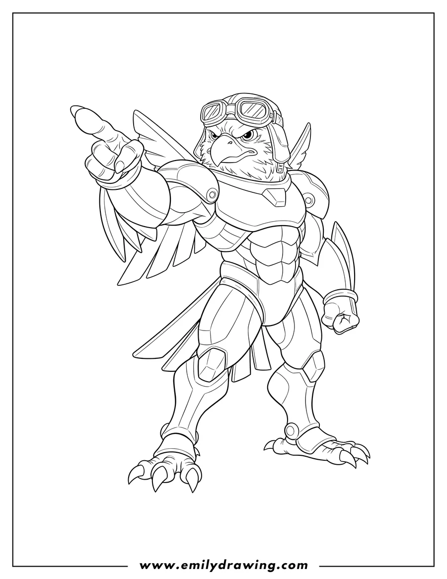 Coloring page for kids: detailed Jet Hawk V2 wearing goggles and pointing