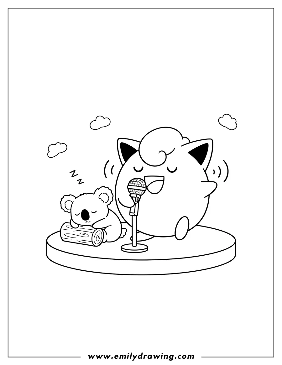 Free printable coloring sheet of jigglypuff holding a microphone and singing with a sleeping Komala holding a log