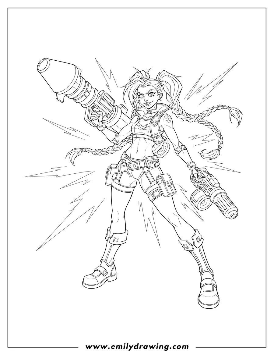 Full page coloring image of league Legends Video Game, Jinx holding a rocket launcher and minigun