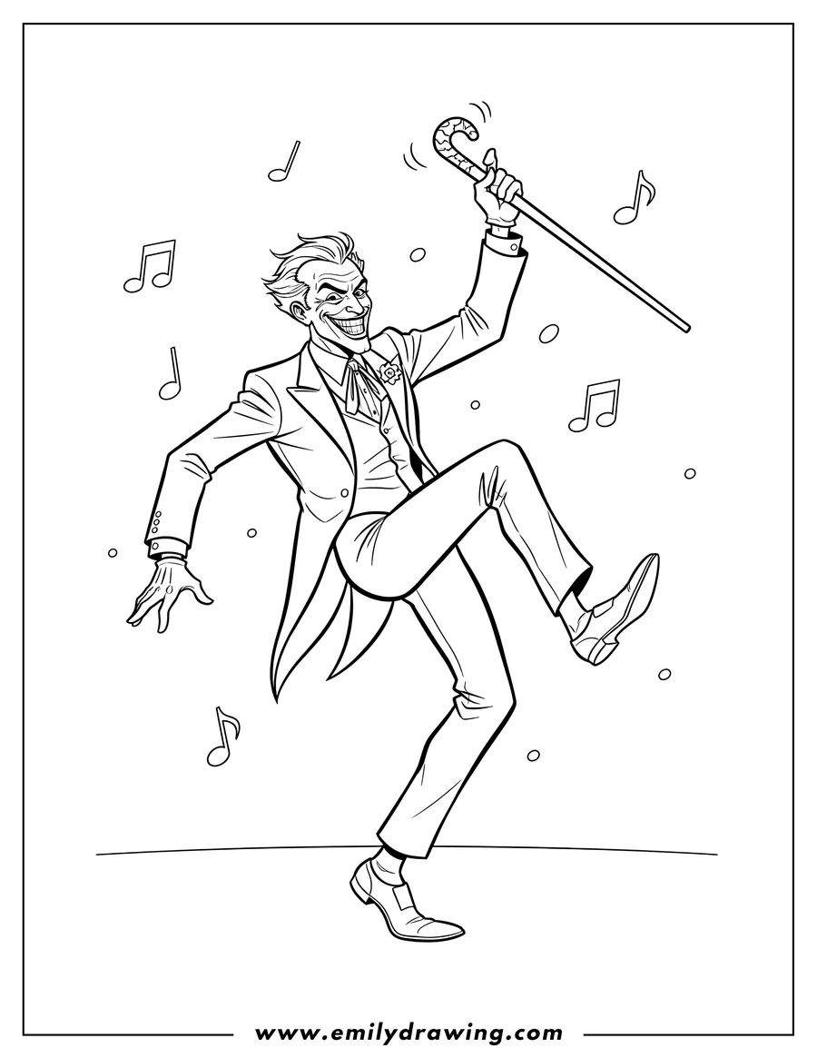 Coloring page for kids: detailed Joker Dancing with a cane and one leg raised