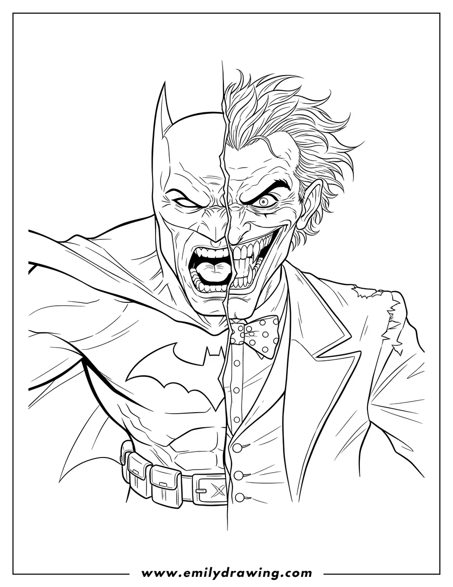 Printable coloring page of detailed Joker Vs Batman Adults Scaled, split face, both with wide open mouths