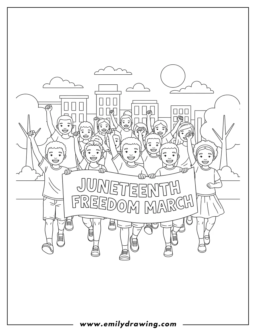 Outline drawing of juneteenth Freedom March With Children Celebrating, smiling and raising fists, marching behind a banner