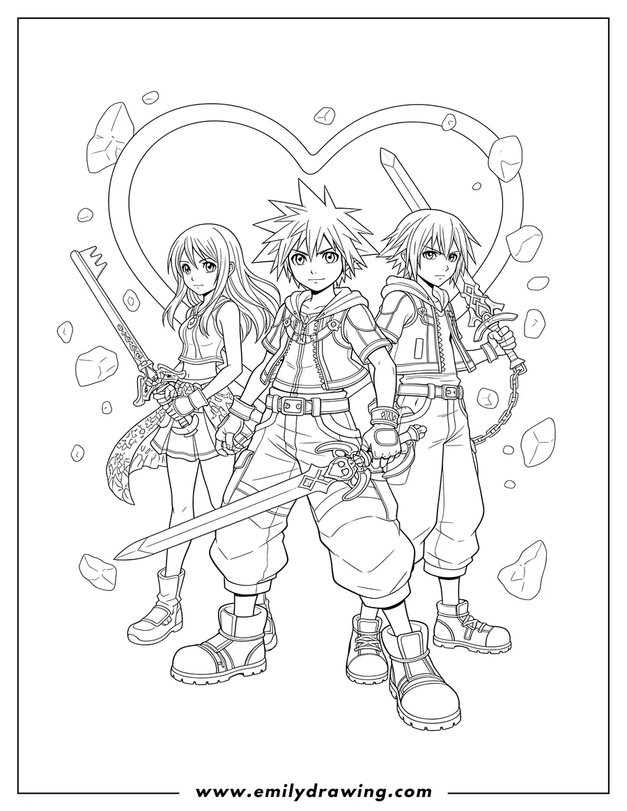 Printable line art of kingdom Hearts Kairi, Sora, and Riku with Keyblades