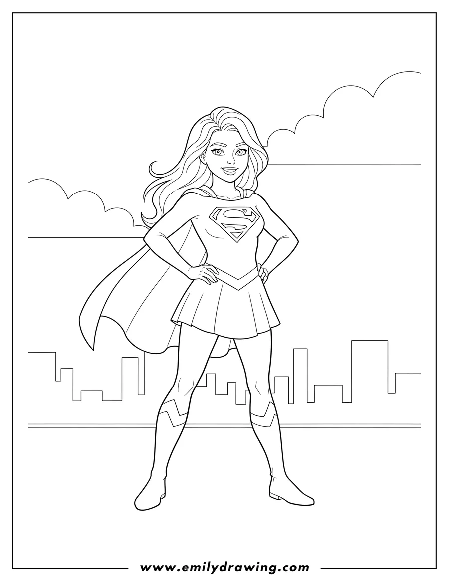 Free printable coloring sheet of detailed Kara Zor El Smiling in her Supergirl costume, standing with hand on hip