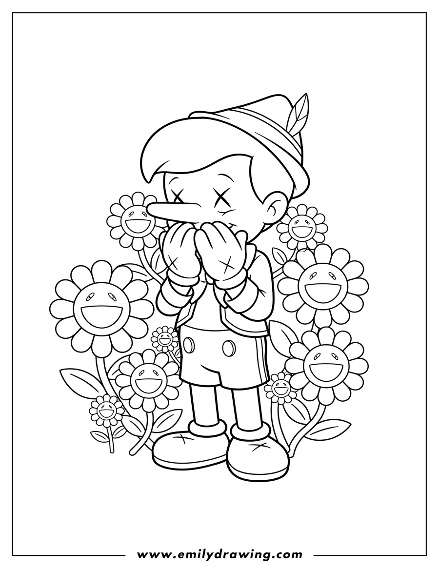 Coloring page for kids: kaws Pinocchio covering his face, surrounded by Kaws-style smiling flowers