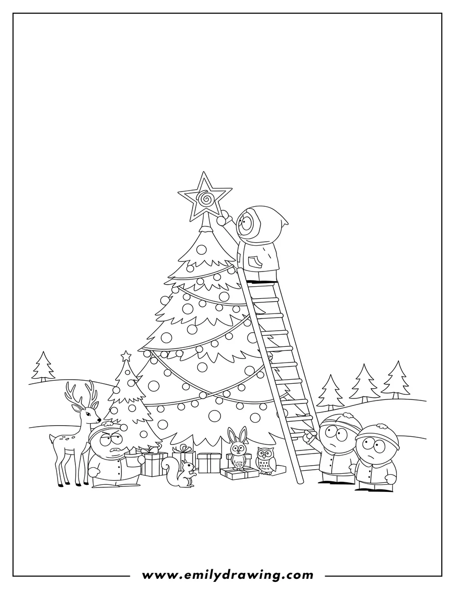 Doodle style coloring picture of south Park Kenny on a ladder placing a star on a Christmas tree, with Cartman holding a small tree, Kyle, Stan, and forest animals