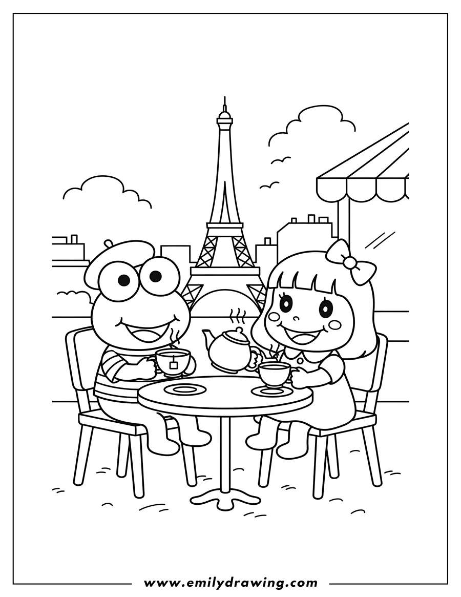 Downloadable coloring page of keroppi and Keroleen sitting at a table drinking tea in Paris