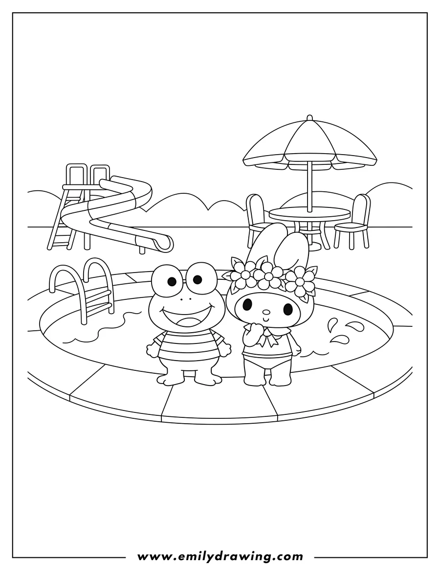 Doodle style coloring picture of keroppy and My Melody smiling at a pool park, My Melody wearing a flower crown