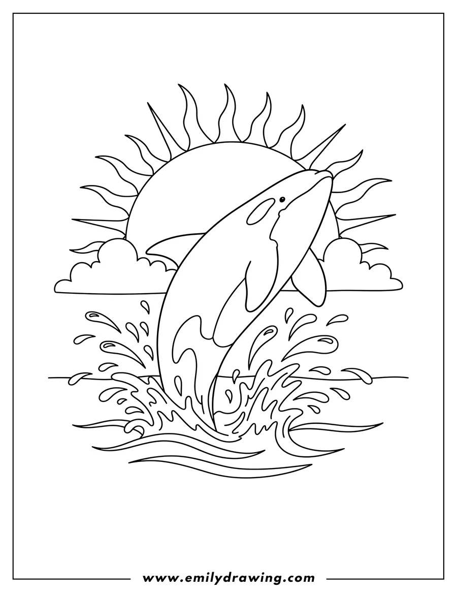 Coloring page for kids: killer Whale breaching, water splashing around its tail, with the rising sun behind it