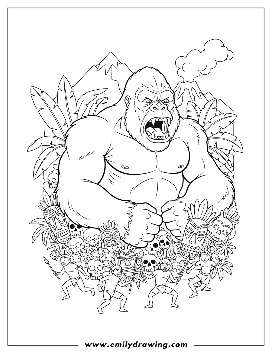 Free printable coloring sheet of detailed King Kong Skull Island Poster, roaring with tribesmen and skulls