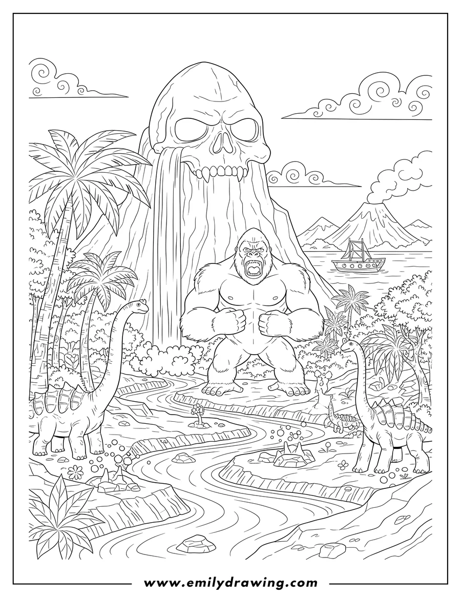 Coloring page for kids: detailed King Kong Skull Island, with a large skull-shaped mountain and a waterfall flowing from its eye
