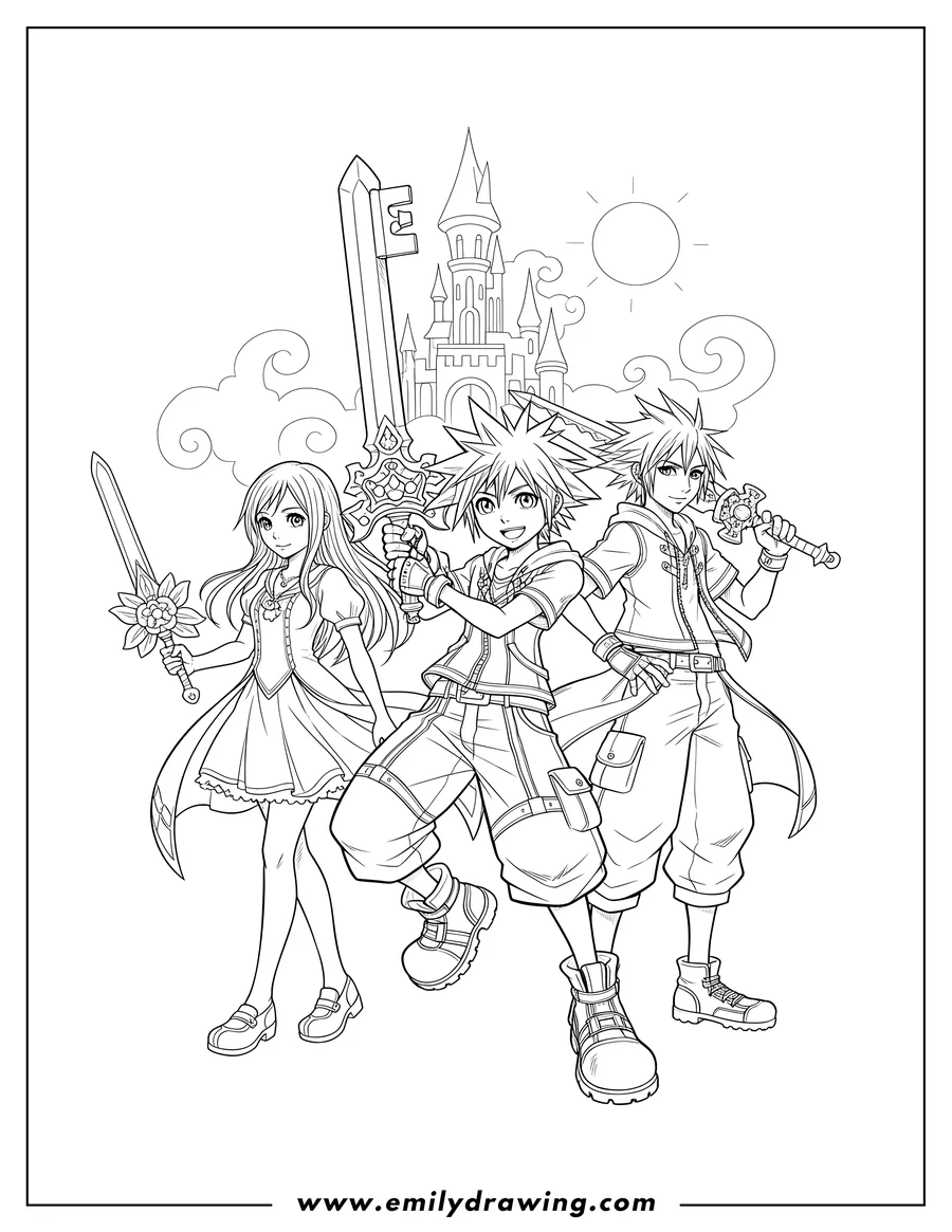 Printable coloring page of kingdom Hearts Video Games: Sora, Kairi, and Riku posing with a Keyblade